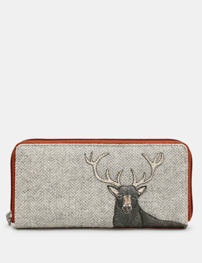 Stag Tweed & Brown Leather Zip Round Purse - Yoshi