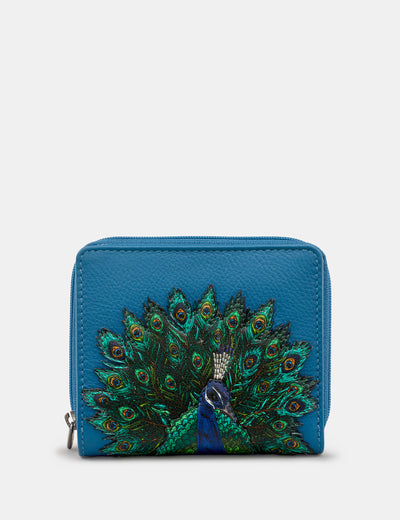 Peacock Plume Petrol Blue Leather Flap Over Zip Round Purse - Yoshi