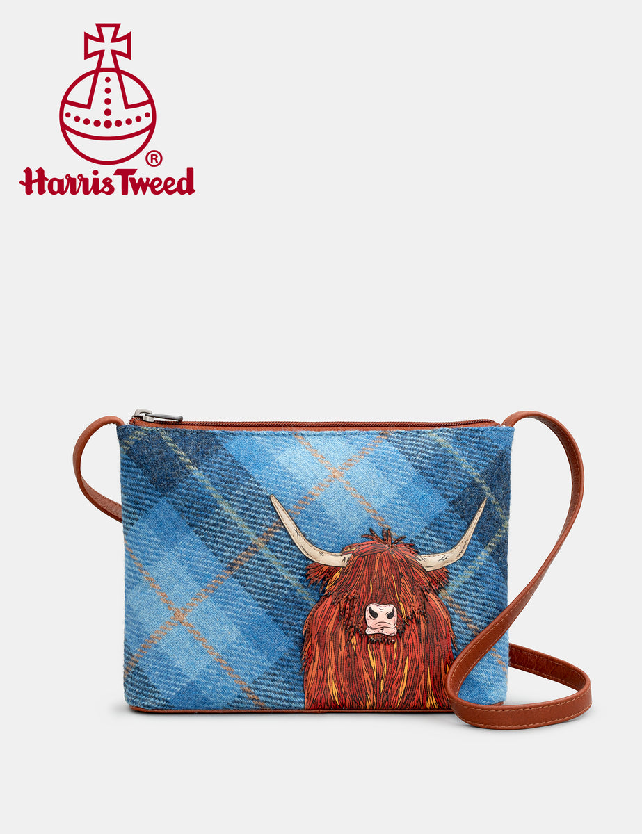 Highland Cow Harris Tweed & Leather Cross Body Bag By Yoshi