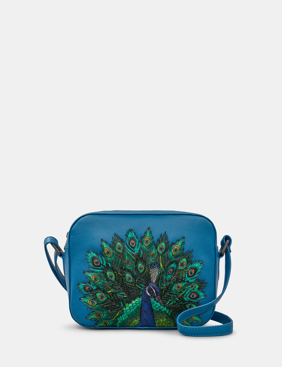 Peacock Plume Petrol Blue Leather Camera Bag Cross Body Bag By Yoshi