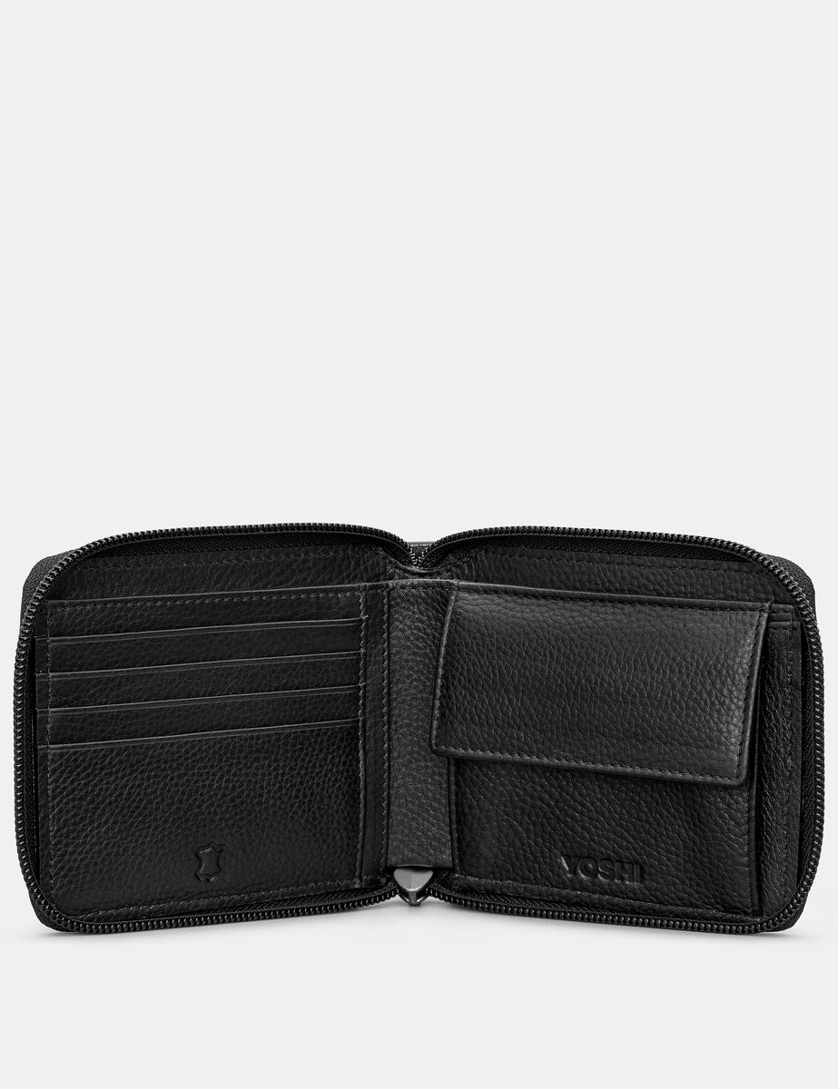 Black Leather Zip Around Wallet For Men By Yoshi