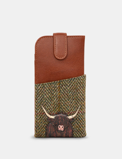 Highland Cow Harris Tweed & Brown Leather Glasses Case - Yoshi