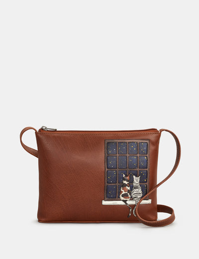 Midnight Cats Brown Leather Cross Body Bag - Yoshi