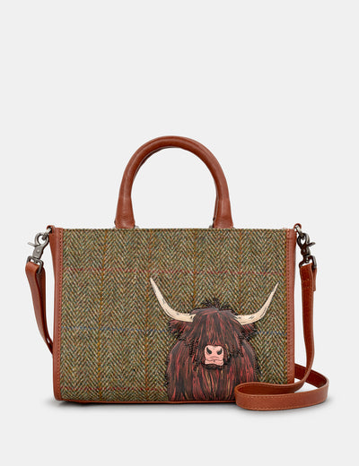 Highland Cow Harris Tweed & Brown Leather Multiway Grab Bag - Yoshi