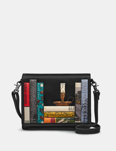 Dickens Bookworm Black Leather Flap Over Cross Body Bag - Yoshi