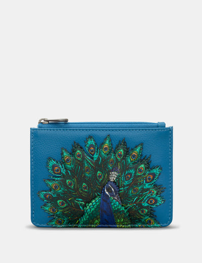 Peacock Plume Petrol Blue Leather Zip Top Purse - Yoshi