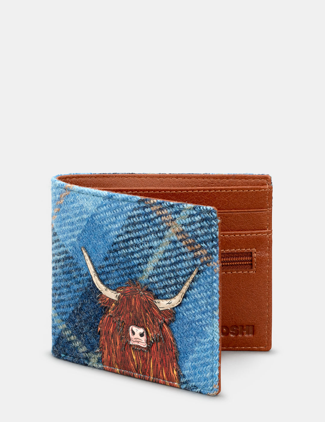 Highland Cow Harris Tweed Leather Mens Two Fold Wallet Yoshi