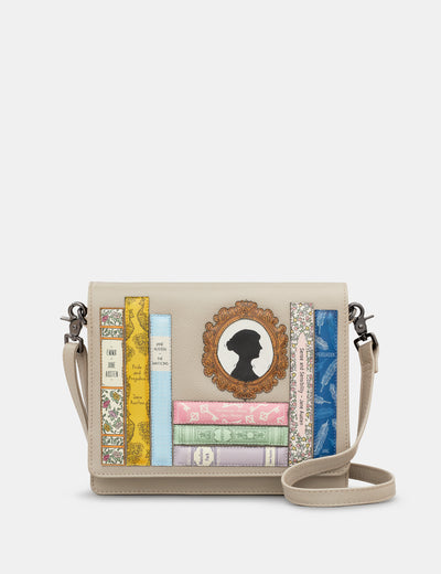 Jane Austen Bookworm Warm Grey Leather Flap Over Cross Body Bag - Yoshi