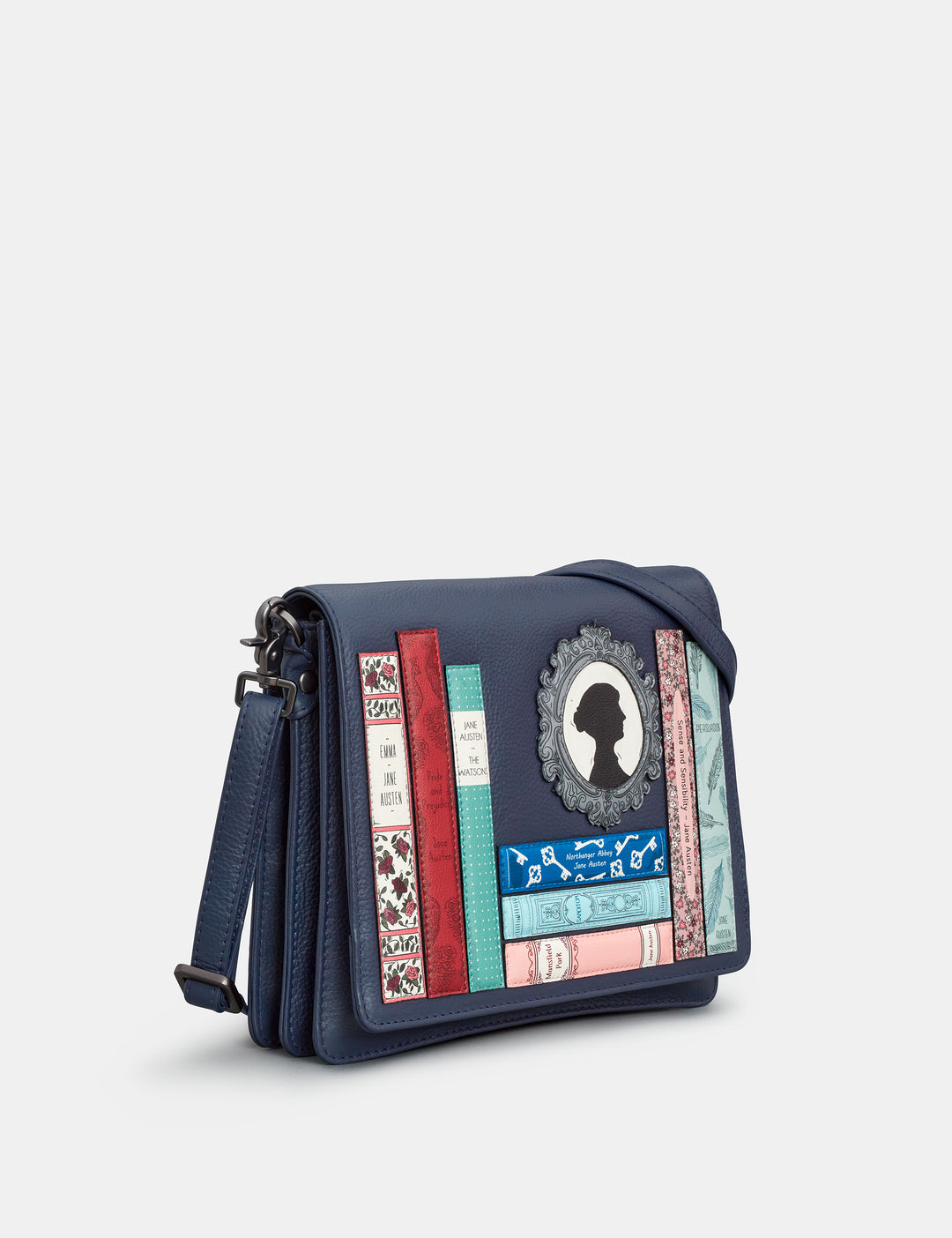Jane Austen Bookworm Navy Leather Flap Over Cross Body Bag Yoshi