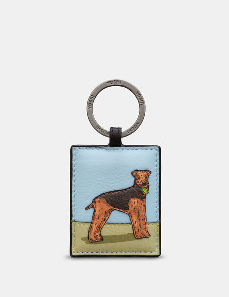 Airedale Terrier Dog Walk Black Leather Keyring by Yoshi