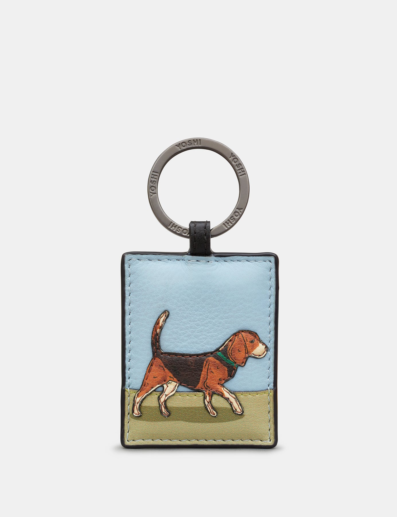 Beagle Dog Walk Black Leather Keyring by Yoshi