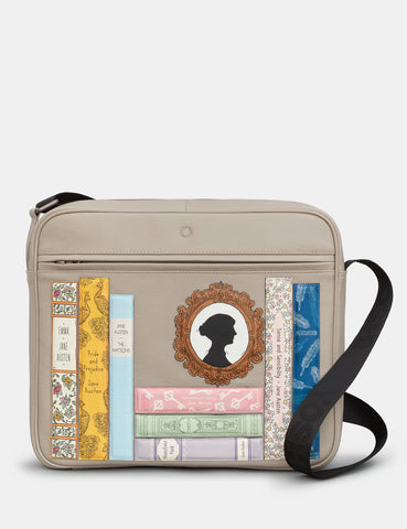 Jane Austen Bookworm Warm Grey Leather Messenger Bag By Yoshi Jane Austen Bookworm Warm Grey Leather Messenger Bag By Yoshi