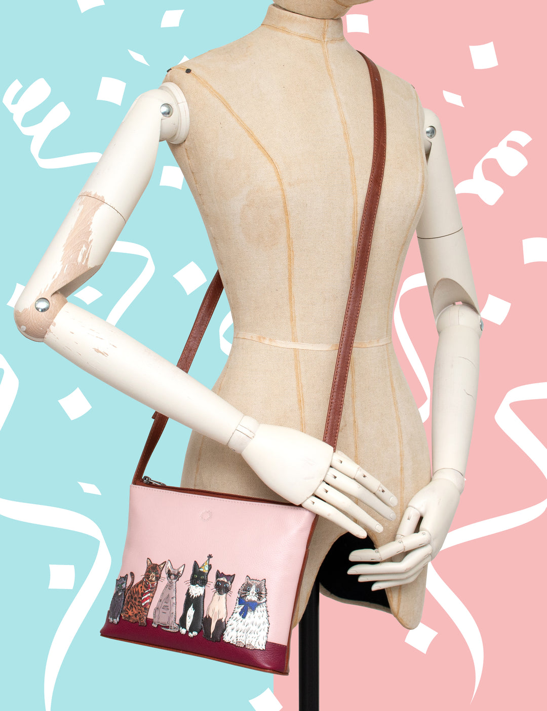 Party Cats Brown & Pink Leather Cross Body Bag for Women By Yoshi