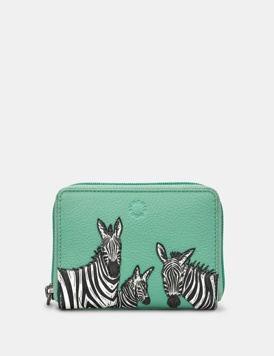 Dazzle of Zebras Mint Green Leather Compact Zip Round Purse - Yoshi