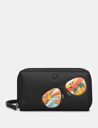 Aviators Black Leather Purse With Wrist Strap - Yoshi