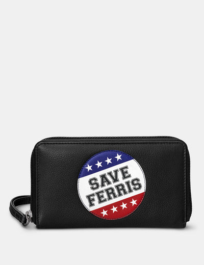 Save Ferris Black Leather Zip Around Purse With Wrist Strap - Yoshi
