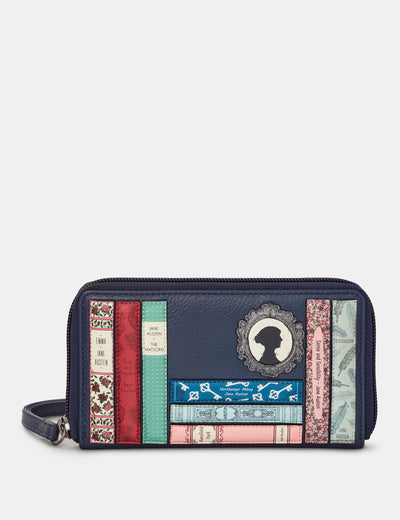 Jane Austen Bookworm Zip Around Navy Leather Purse With Wrist Strap - Yoshi