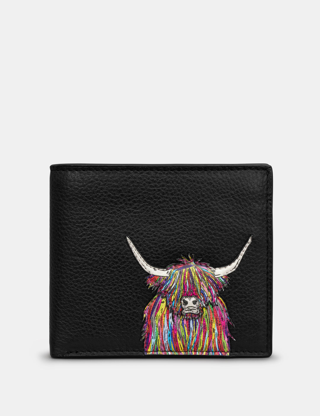 Highland Cow Black Leather Mens Two Fold Wallet By Yoshi