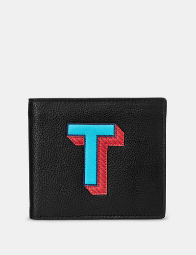 T Monogram Black Leather Wallet - Yoshi