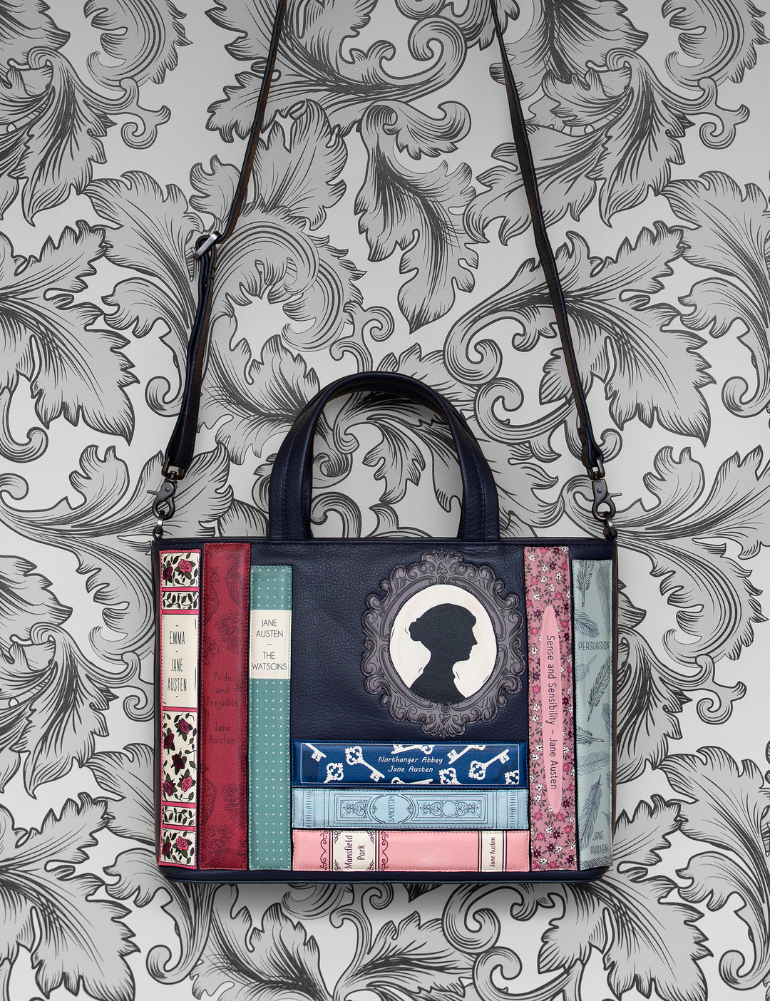 Jane Austen Bookworm Navy Leather Ladies Grab Bag | Handbag By Yoshi