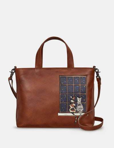 Midnight Cats Brown Leather Multiway Grab Bag - Yoshi