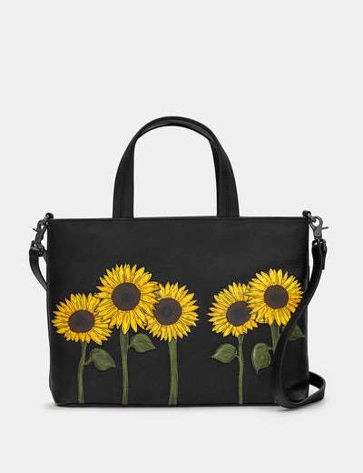 Sunflowers Black Leather Multiway Grab Bag - Yoshi