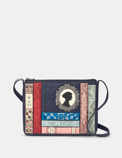 Jane Austen Bookworm - Custodia in pelle per occhiali da sole, con risvolto in pelle blu navy di Yoshi Jane Austen Bookworm - Custodia in pelle per occhiali da sole, con risvolto in pelle blu navy di Yoshi