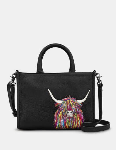 Highland Cow Black Leather Multiway Grab Bag - Yoshi