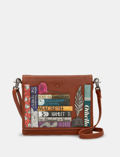 Shakespeare Bookworm Brown Leather Flap Over Cross Body Bag - Yoshi