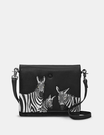 Dazzle of Zebras Black Leather Flap Over Cross Body Bag - Yoshi
