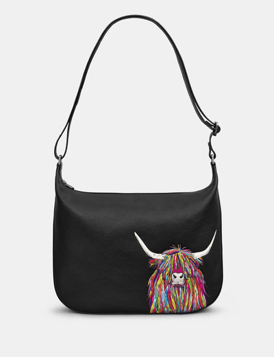 Highland Cow Black Leather Hobo Bag - Yoshi