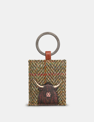 Highland Cow Harris Tweed & Brown Leather Keyring - Yoshi